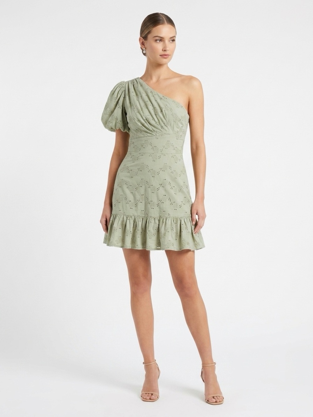 Urban Outfitters Sage Green Eyelet One Shoulder Puff Sleeve Mini Dress Large